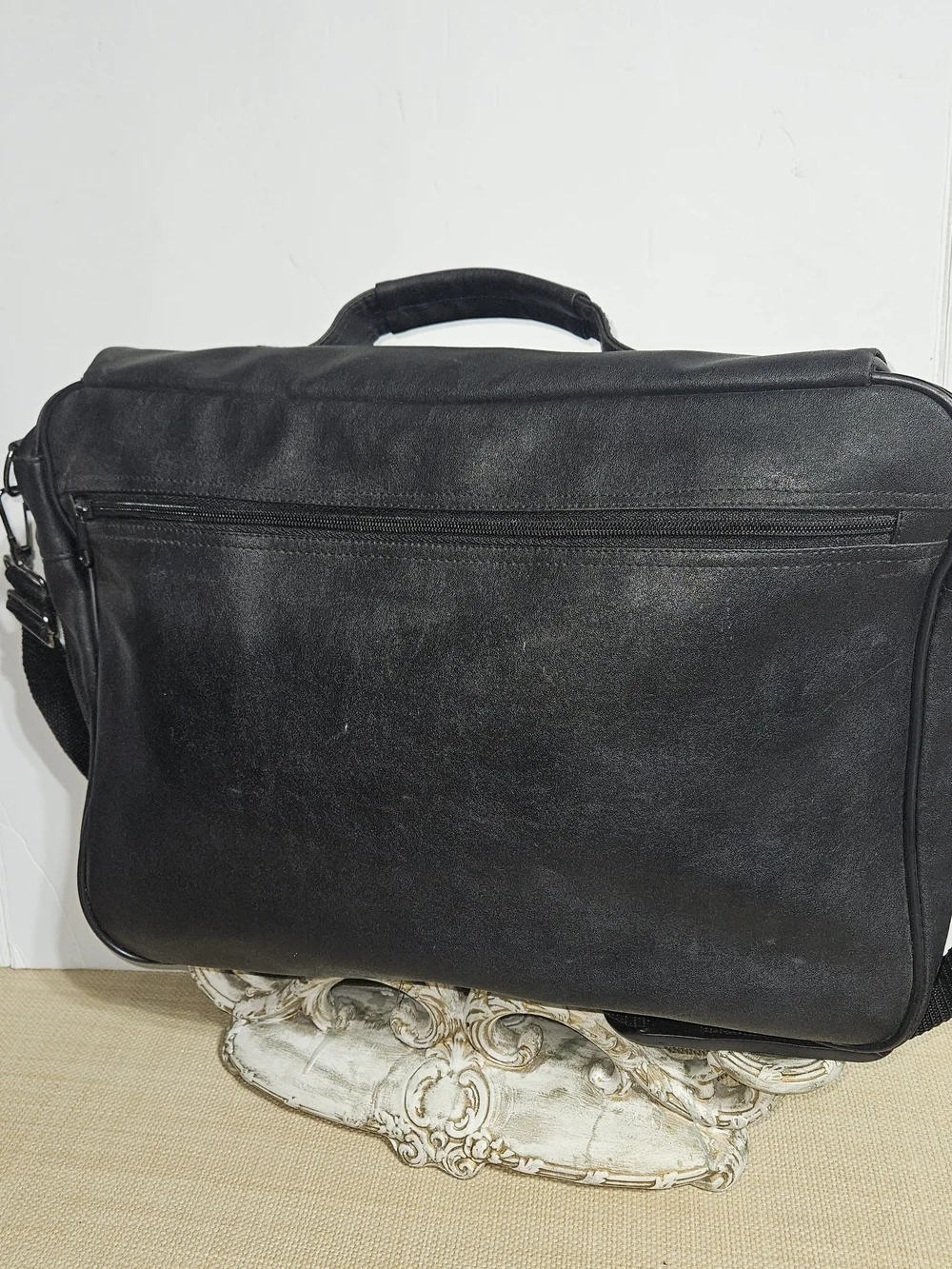 Fontini Black Leather Messenger Bag Travel Business Professional Office